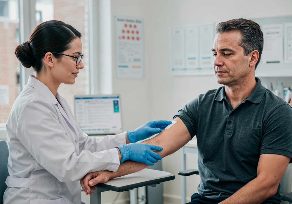 Doctor preparing a male patient for screening through discounted & low-cost lab tests in Houston facilities