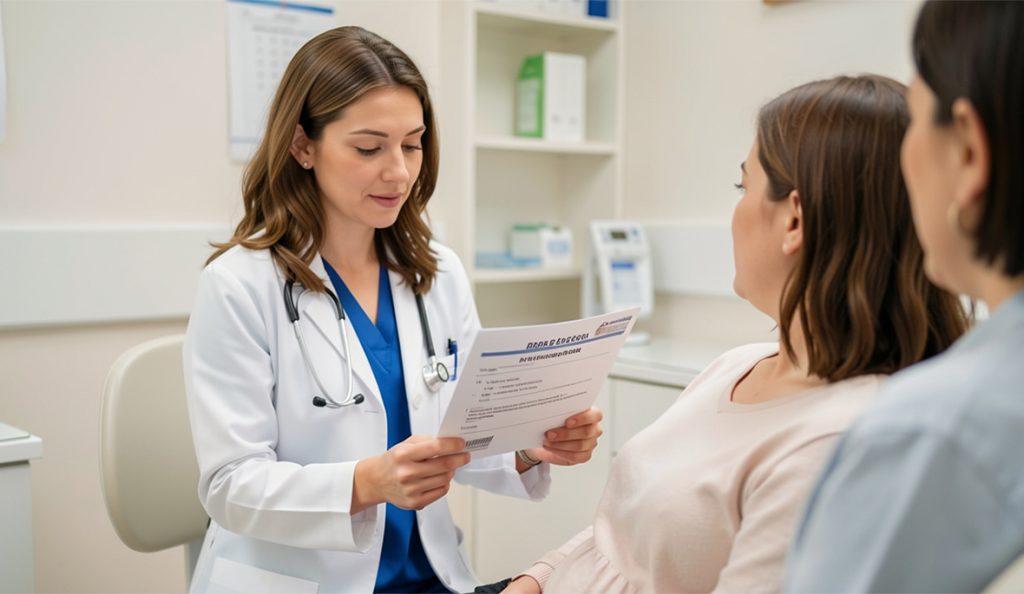 A female doctor reviews on-site testing and procedures documentation with a patient during a routine health exam.