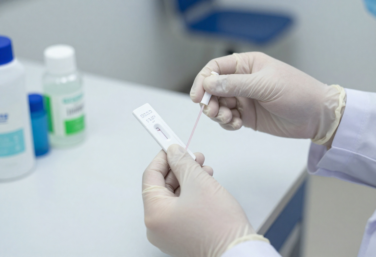 A healthcare provider discussing rapid tests in Houston with a masked patient during a professional clinic consultation.